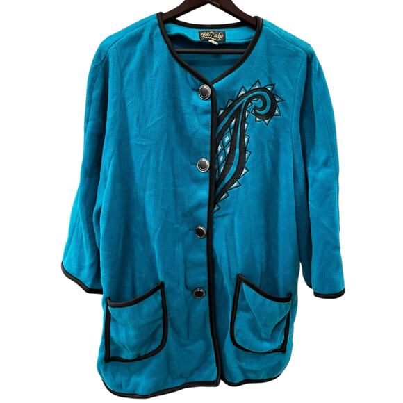 BOB MACKIE wearable art button front jade green fleece embellished plus sz 1X - Picture 1 of 7